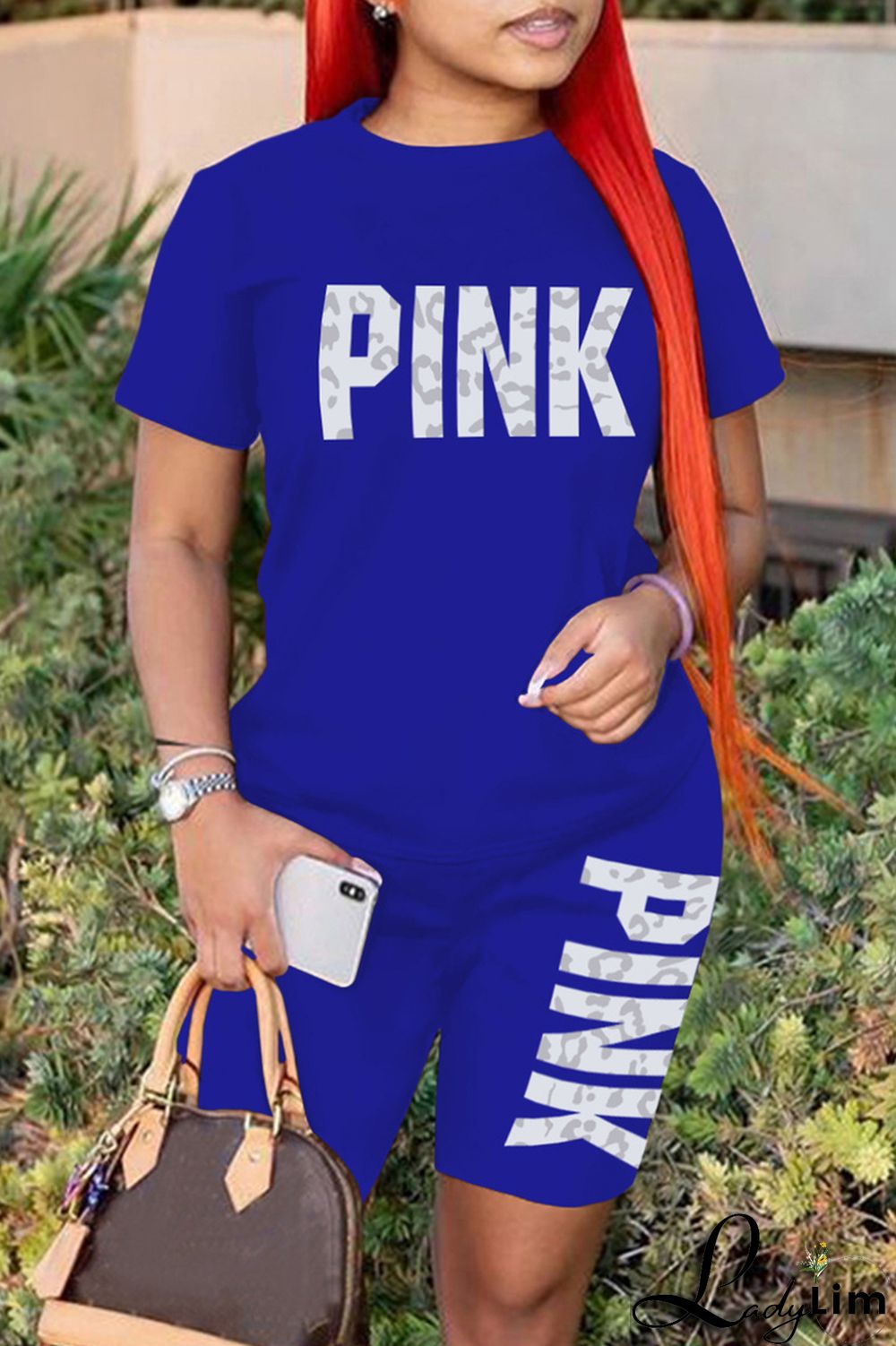 Blue Fashion Casual Letter Print Patchwork O Neck Short Sleeve Two Pieces