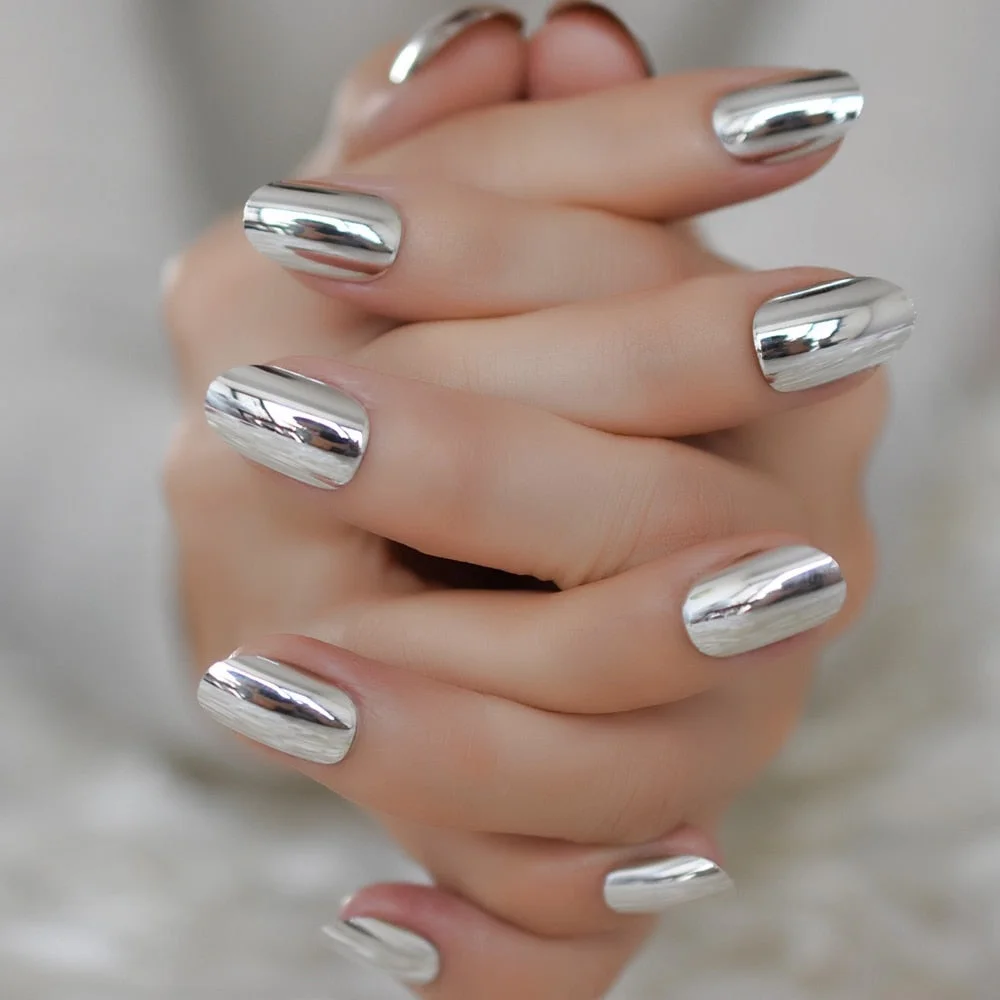 Mirror Silver False Nails STILETTO Point Metallic Acrylic Nail Tips 24pcs/kit Easy for Daily wear-Nail Inspo