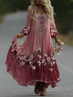 Women's Vintage Romantic Pink Rose Embroidery Art Comfy Linen V Neck Maxi Dress
