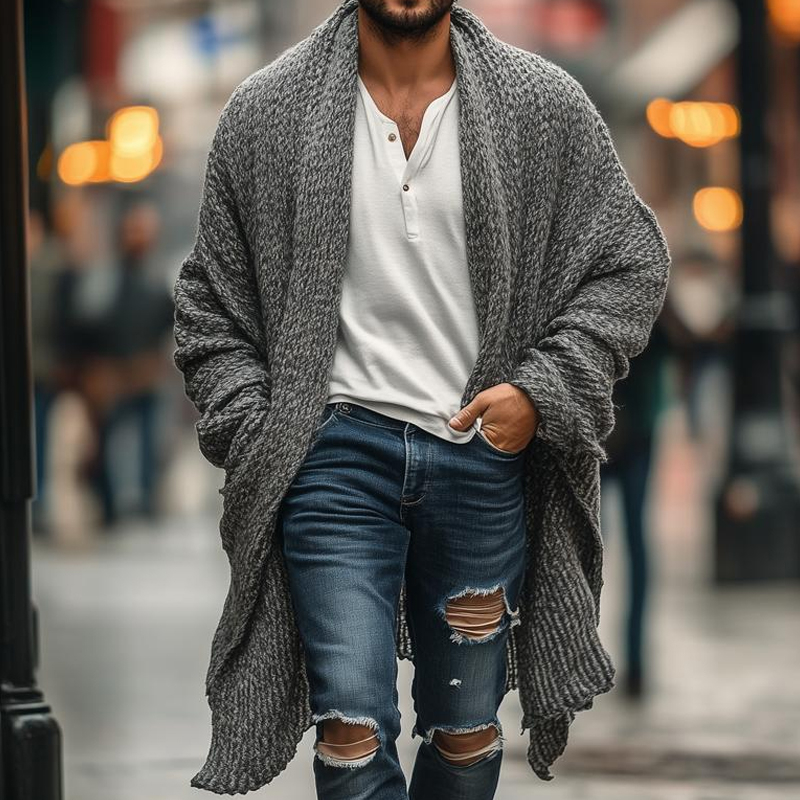 Men's Fashionable Loose Knitted Long Sleeve Casual Shawl Cardigan