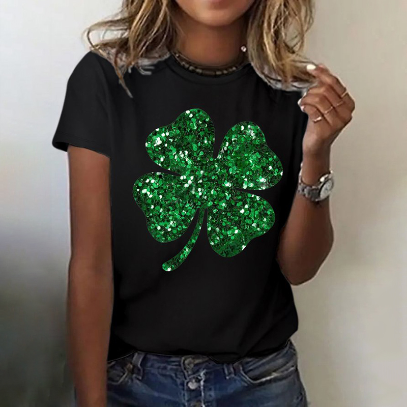 Women's Glitter Shamrock St patricks day Casual Print T-Shirt wearshes