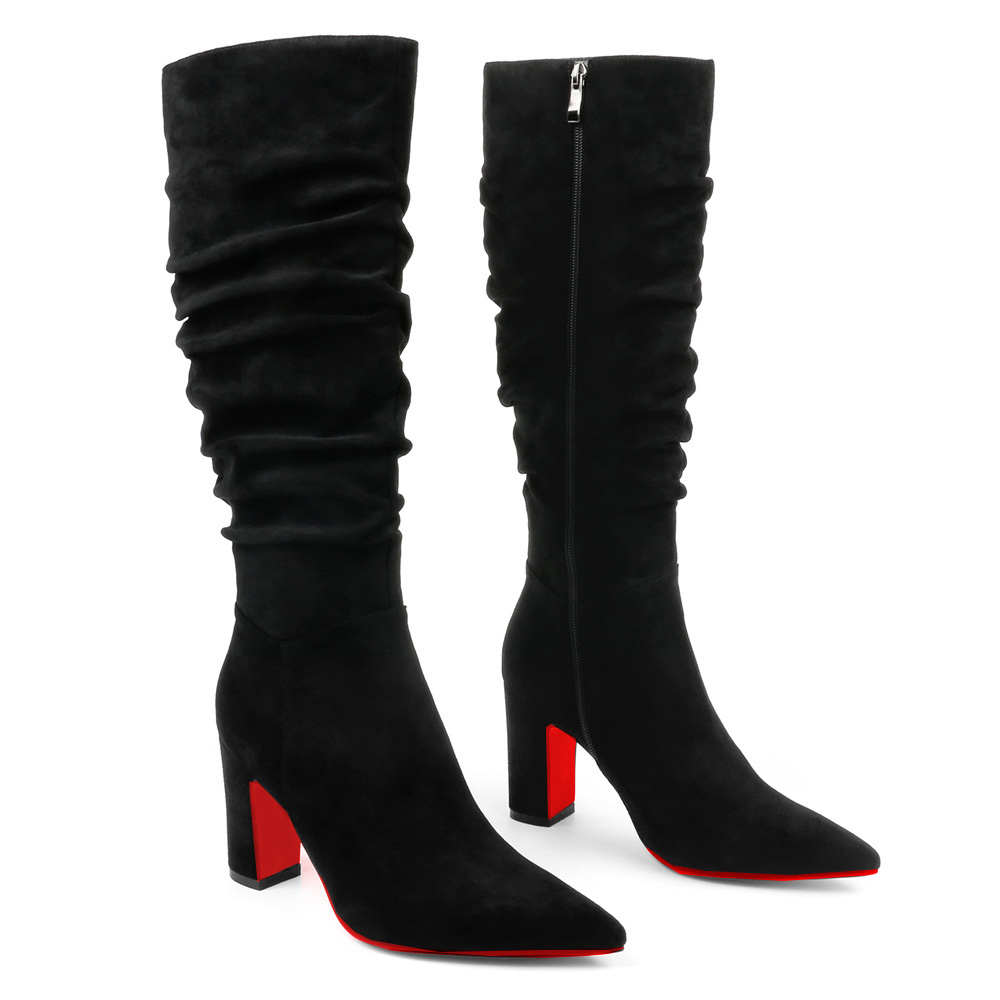 3.35" Women's Knee Red Bottom Boots Chunky Heels Zipper Fashion Sexy Suede Slouchy Boot-MERUMOTE