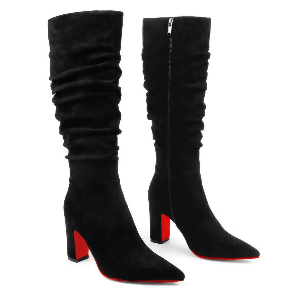 3.35" Women's Knee Red Bottom Boots Chunky Heels Zipper Fashion Sexy Suede Slouchy Boot-MERUMOTE