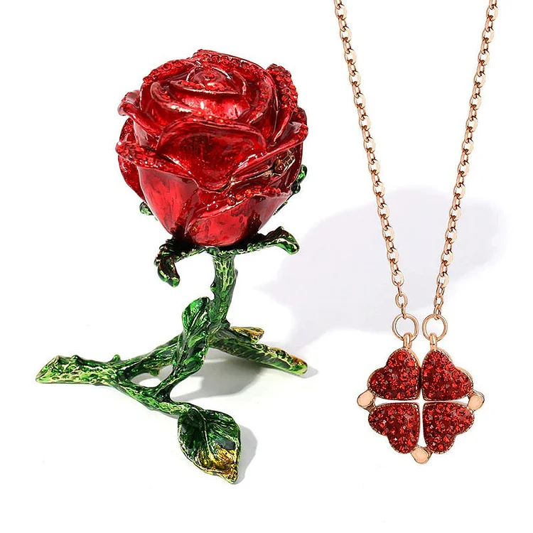 4-Leaf Clover Necklace & Rose Jewelry Box Set
