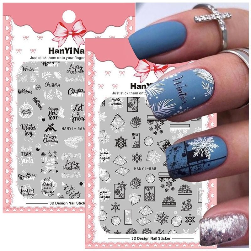 White Snowflakes Nail Sticker 3D Christmas Sticker For Nails Cute Cartoon Sliders Xmas Tree Nail Decals Manicure Nail Art Decor