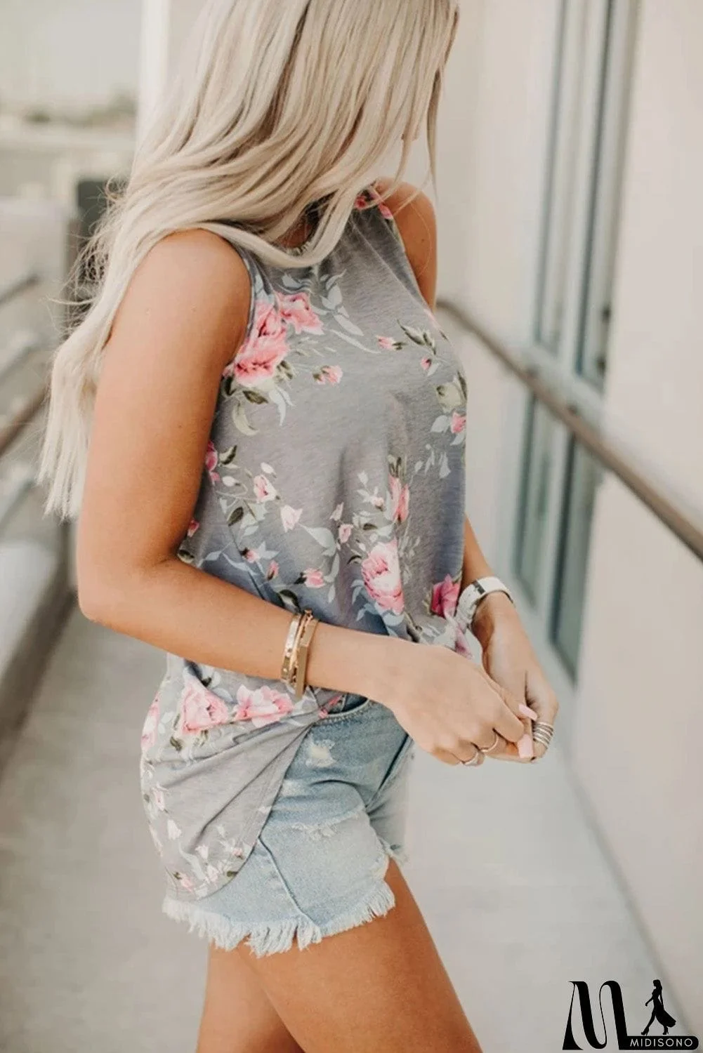 MidiSono - Floral Print White Tank Top