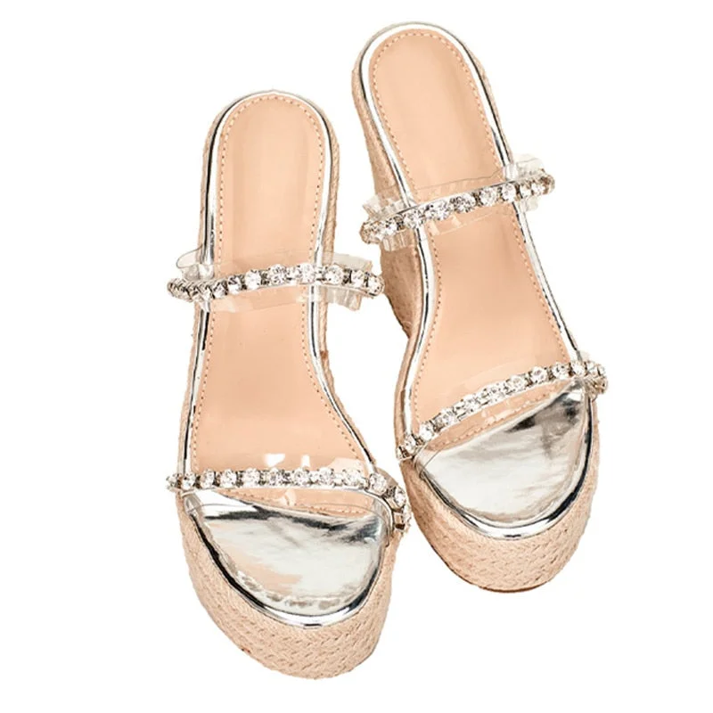 New Crystal Transparent Open Toe Platform Heels Slippers Women Wedges Sandals Fashion Straw Rope Weave Thick Bottom Female Shoes