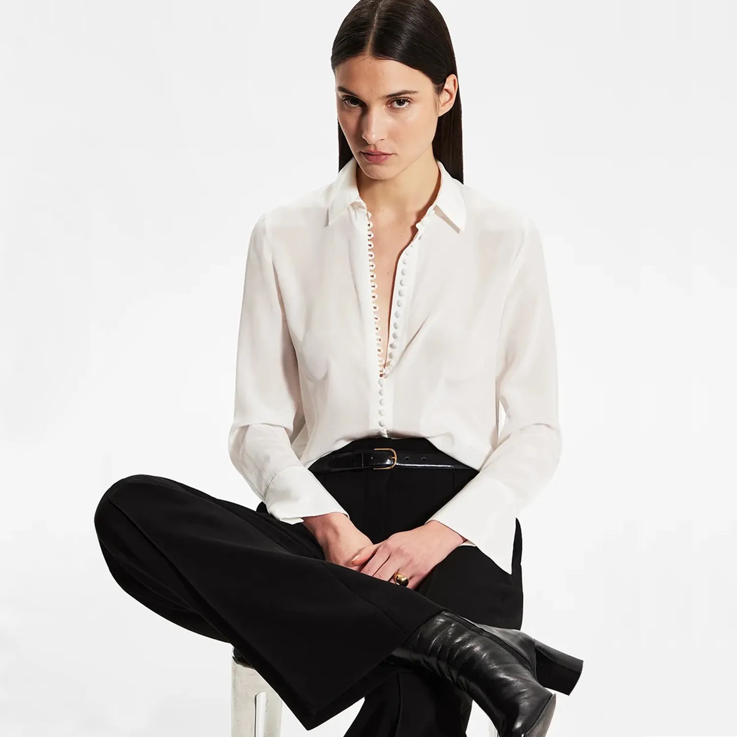 Women's Mulberry Silk Shirt Relaxed Fit Ball-Button Long Sleeve REAL SILK LIFE