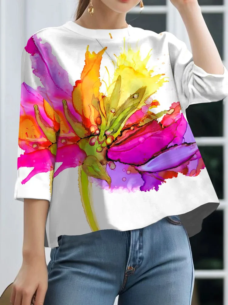 Loose Three-Quarter Sleeves Contrast Color Flower Print Round-Neck T-Shirts Tops