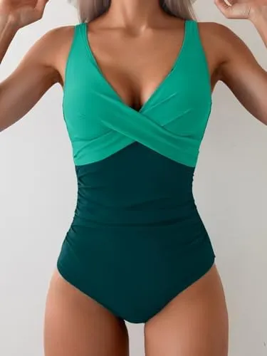 V Neck Ruched Wrap Tummy Control One Piece Swimsuit