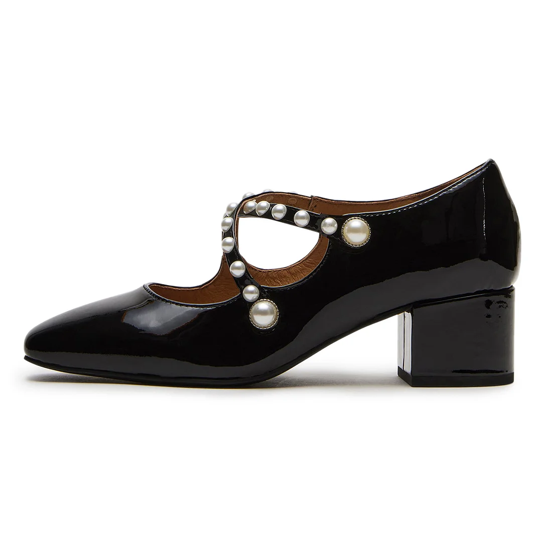 Black Patent Leather Pearl Embellished Crisscross Strap Mary Janes