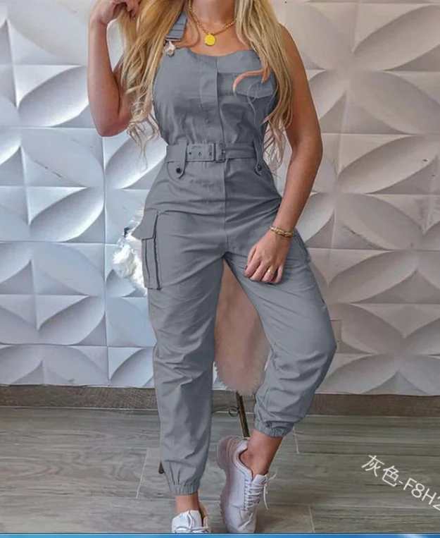 Uveng Uveng Women's Work-Packed Pocket Design Jumpsuit Sleeveless Backs And Trousers Simple Restraints Trousers + Belts