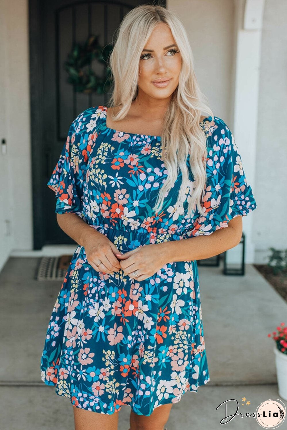 Blue Floral Ruffle Mini Dress with Square Neck