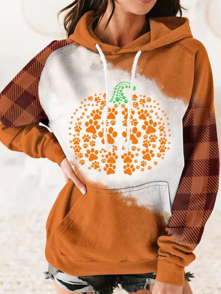 Women's Pumpkin Dog Paw Heart Print Plaid Panel Hoodie