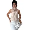 Women's Elegant Petal Collar Halter Neck Design Off-Shoulder Slim Silk Top Shirt