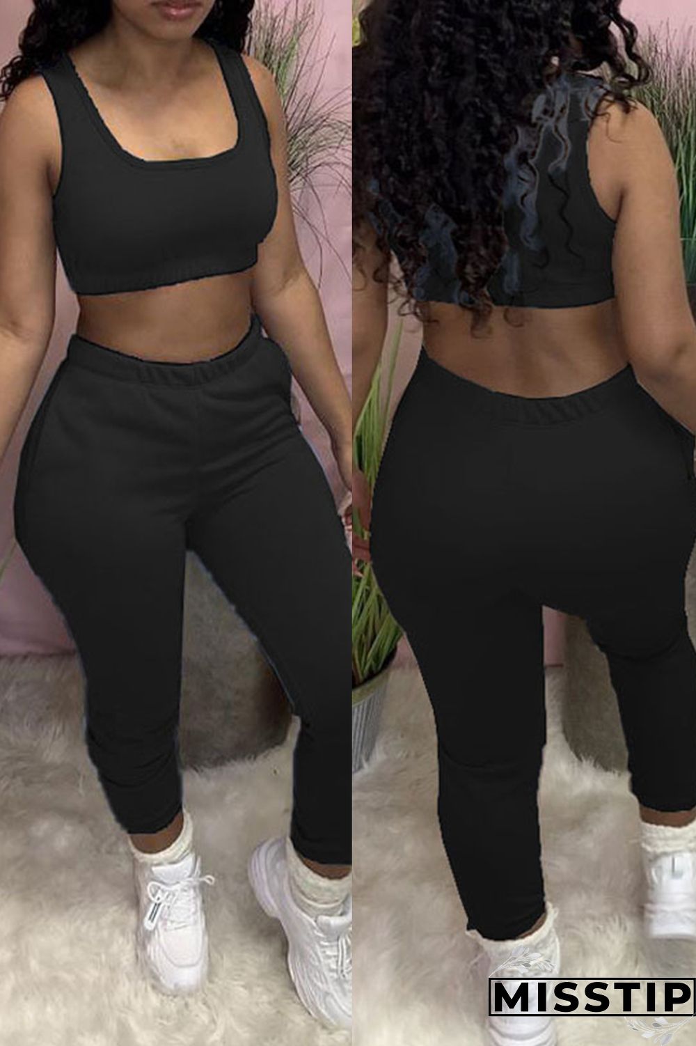 Black Casual Sportswear Solid Vests Pants U Neck Sleeveless Two Pieces