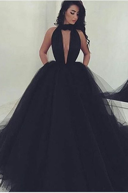 Bellasprom Black Long Prom Dress Tulle Ball Gown Party Dress Backless High Neck Bellasprom