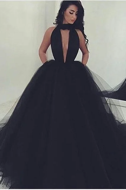 Classic Black High Neck Long Evening Dress Tulle Ball Gown Party Dress Backless - lulusllly