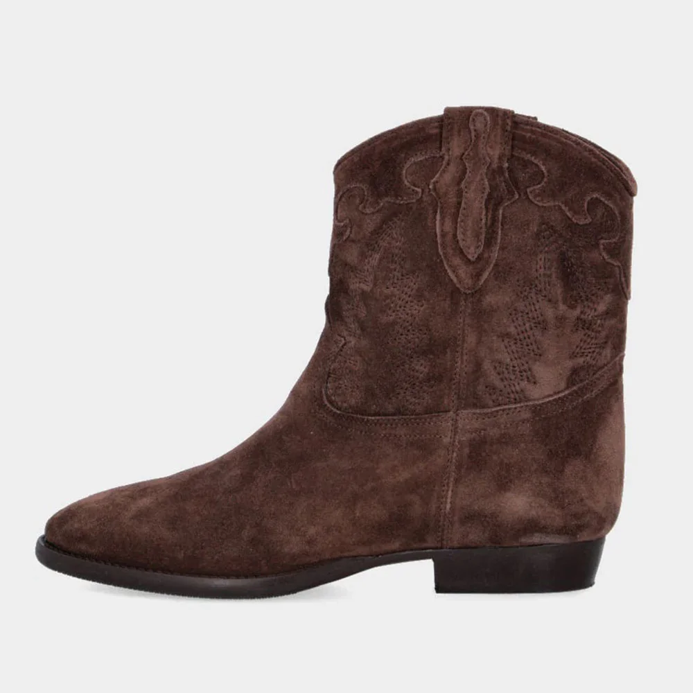 Brown Vegan Suede Round Toe Low Heel Embroidered Cowgirl Booties