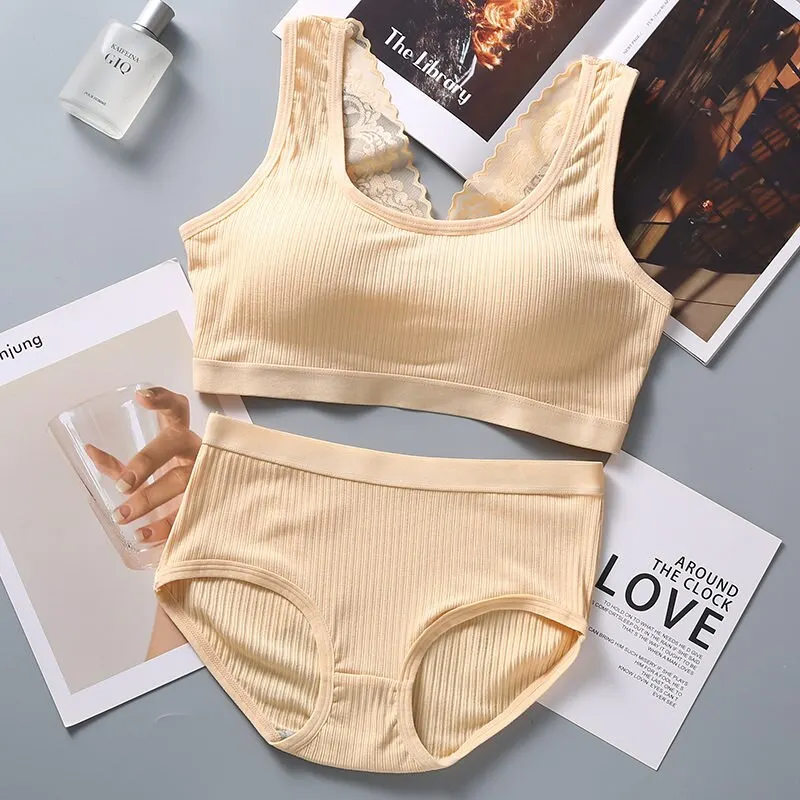 Billionm Large Size Bra&beiefs Set for Women Wireless Padded Underwear Suit Lace Striped Seamless Lingerie Set New