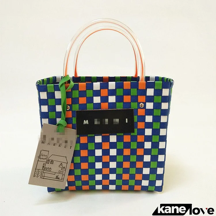 Women Fashion Simple Color Plaid Straw Woven Handbag