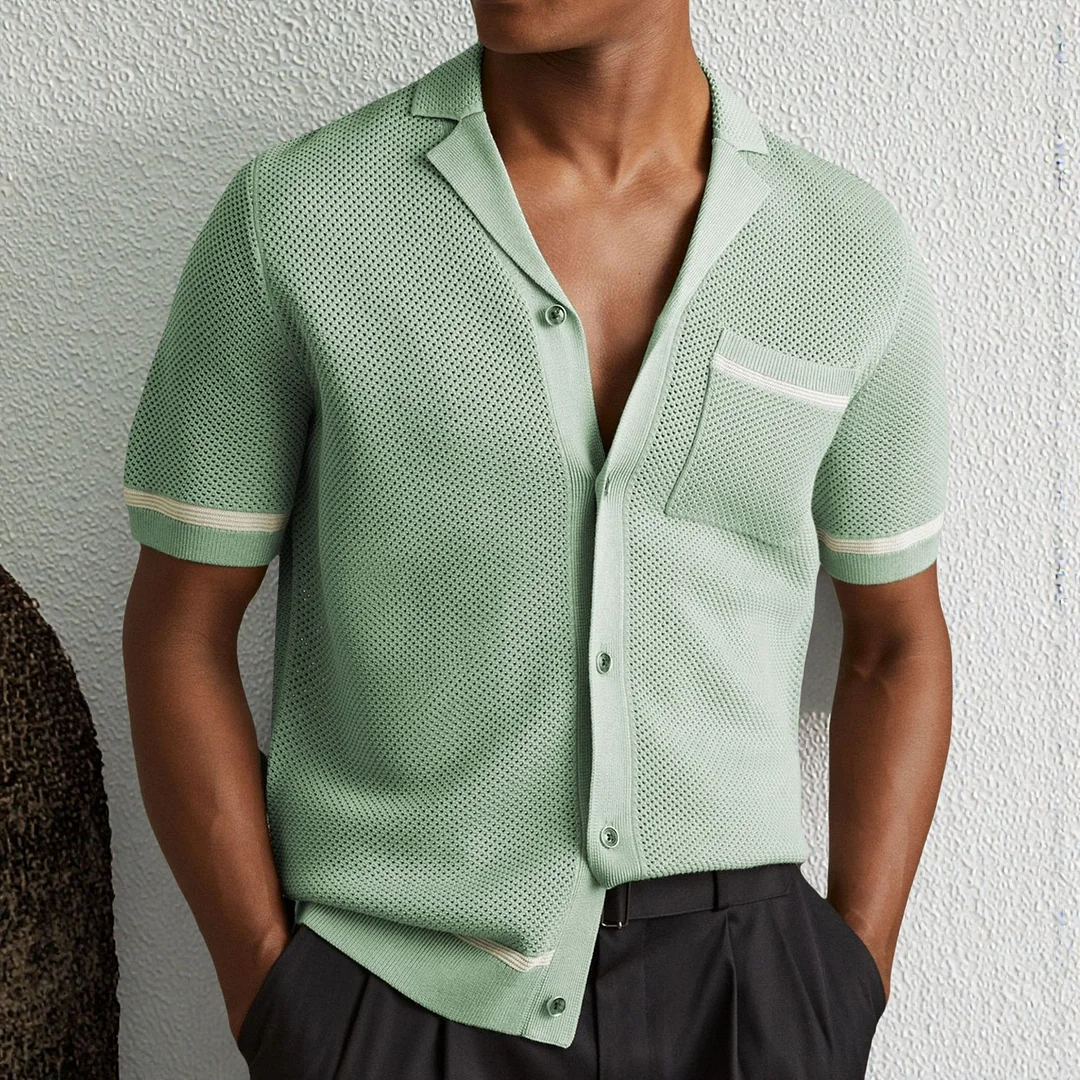 Nigikala Men's Sexy Hollow Men's Knitted Summer Cuban Collar Short-Sleeved Polo Shirt SY0103