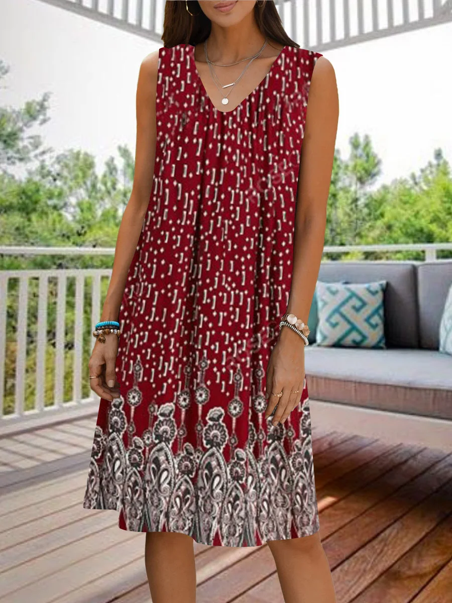 Women Casual Sleeveless V-neck Floral Printed Midi Dress
