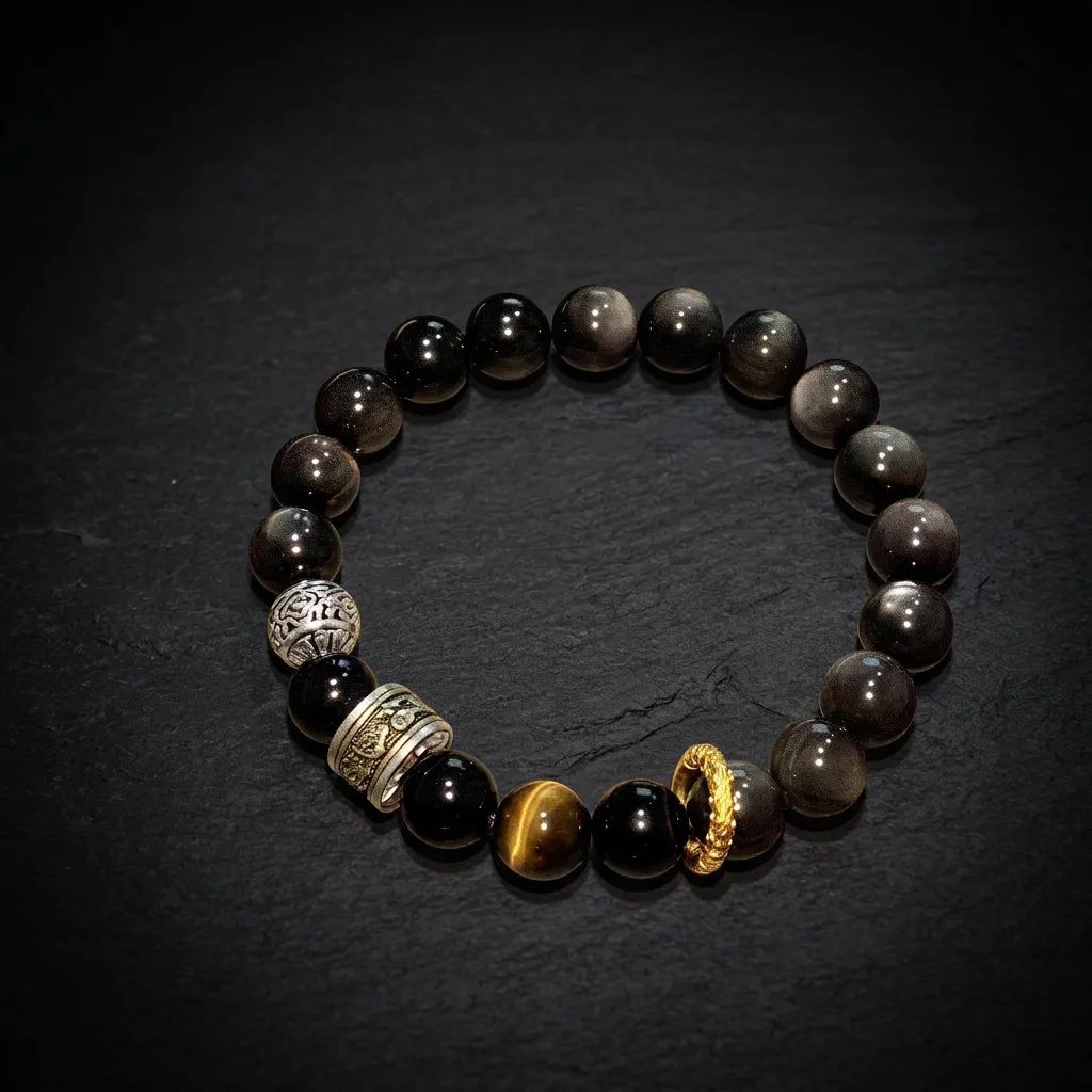 JiStones | Ethereal Obsidian Mantra Bracelet - Silver & Gold Sheen Collection Radiant Golden Sheen (Eclipse Edition)-12mm