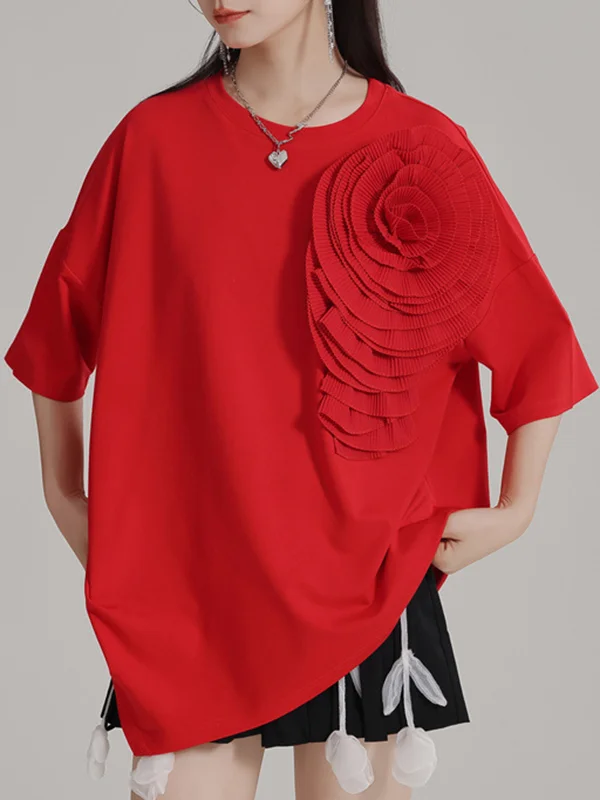 Asymmetric Solid Color Three-Dimensional Flower Loose Short Sleeves Round-Neck T-Shirts Tops