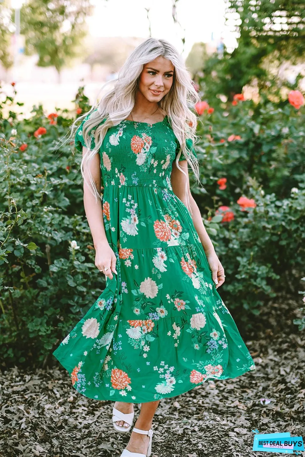 Floral Print Smocked Tiered Midi Dresses