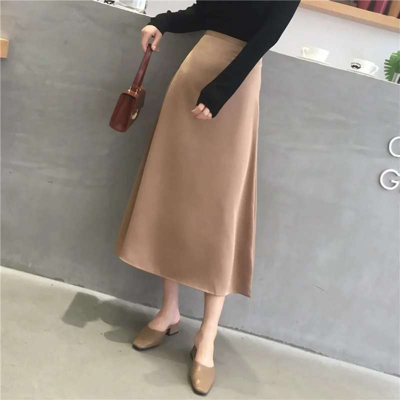 2021 Summer Elegant Women Skirt Ladies Satin Skirt Plain Shiny Vintage Skirts Solid Office High Waist Fashion Party Skirts chic