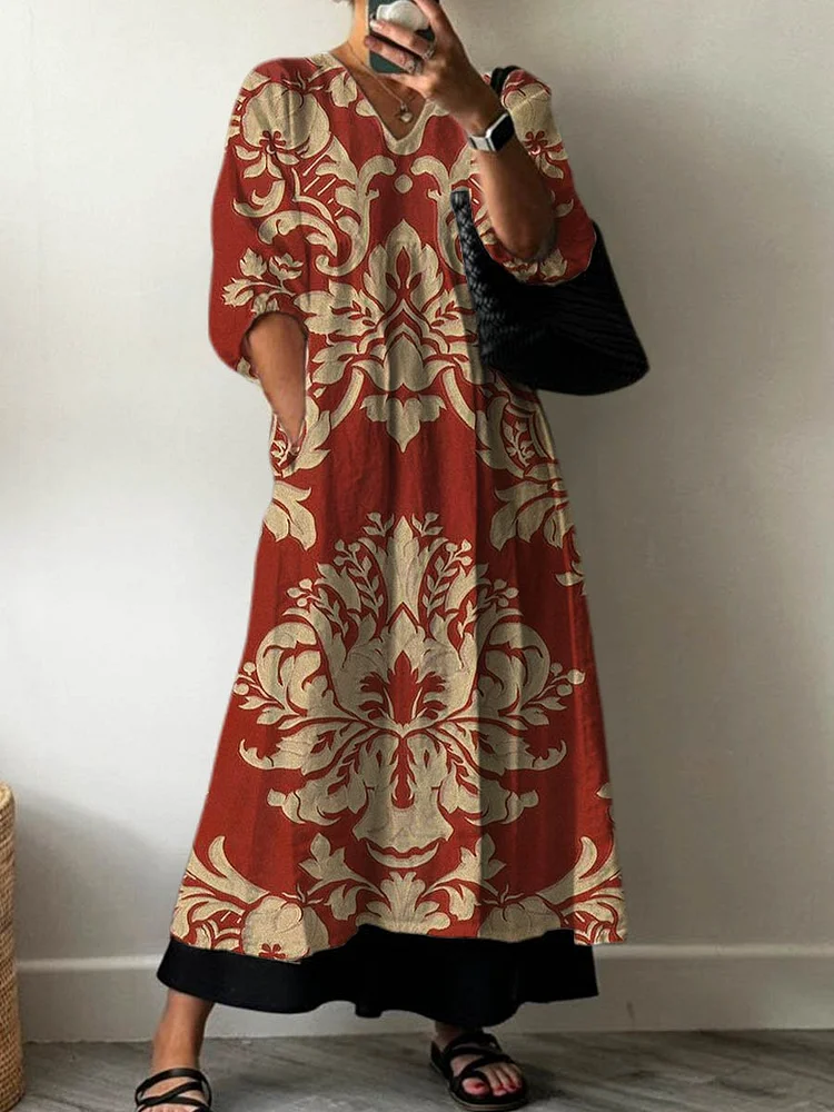 Women's Vintage Lovely Floral Art Print Pocket V-neck Cotton Dress