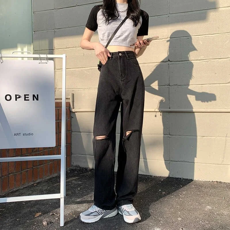 Jeans Women Hole Full Length Trousers Leisure All-match Trendy Wide Leg Sexy High Waist Retro Harajuku Vintage Daily Streetwear