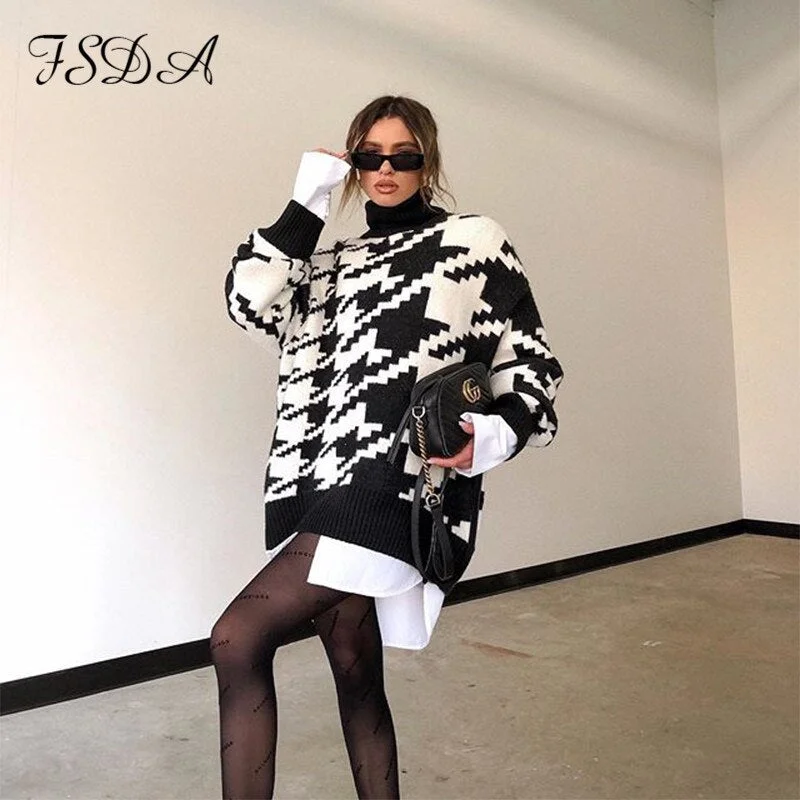 Long Sleeve Autumn Winter Oversized Sweater Dress Women Turtleneck Black Casual Knit Mini Houndstooth Sexy Party Dresses