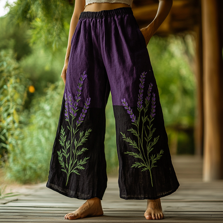 Utbros Vintage Bohemian Lavender Embroidery Art Printed Cotton Linen Wide Leg Pants