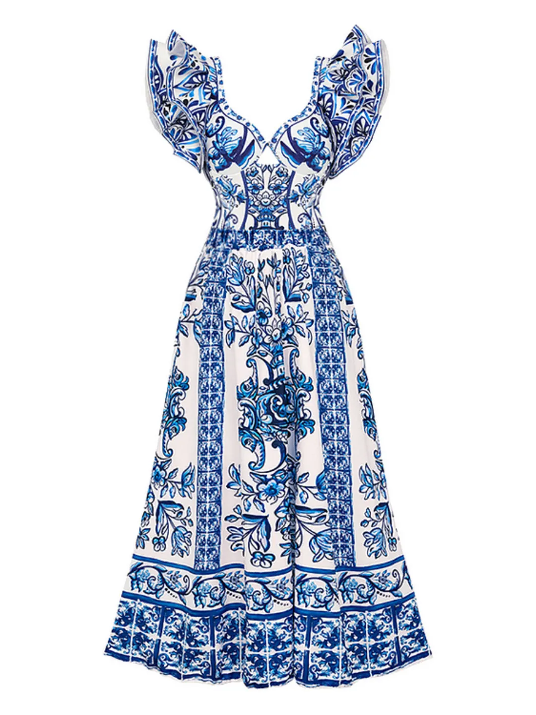 Churchf Shoulder Lotus Side Deep V-Piece Swimsuit Women's Half-Dress Two Sets Of Retro-Print Swimsuit