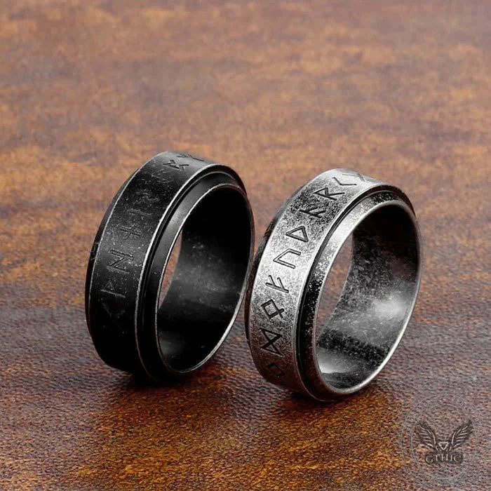 Viking Rune Carved Stainless Steel Spinner Ring