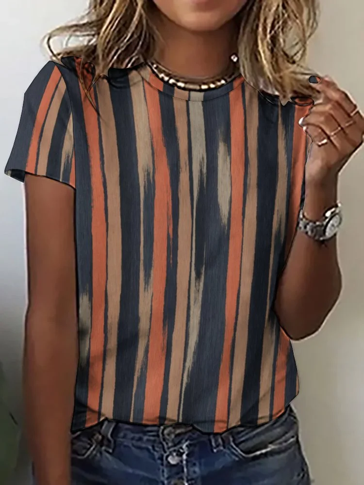Printed Short Sleeve Casual T-shirt for  Women and Men Unisex Pattern Striped, Red, Black