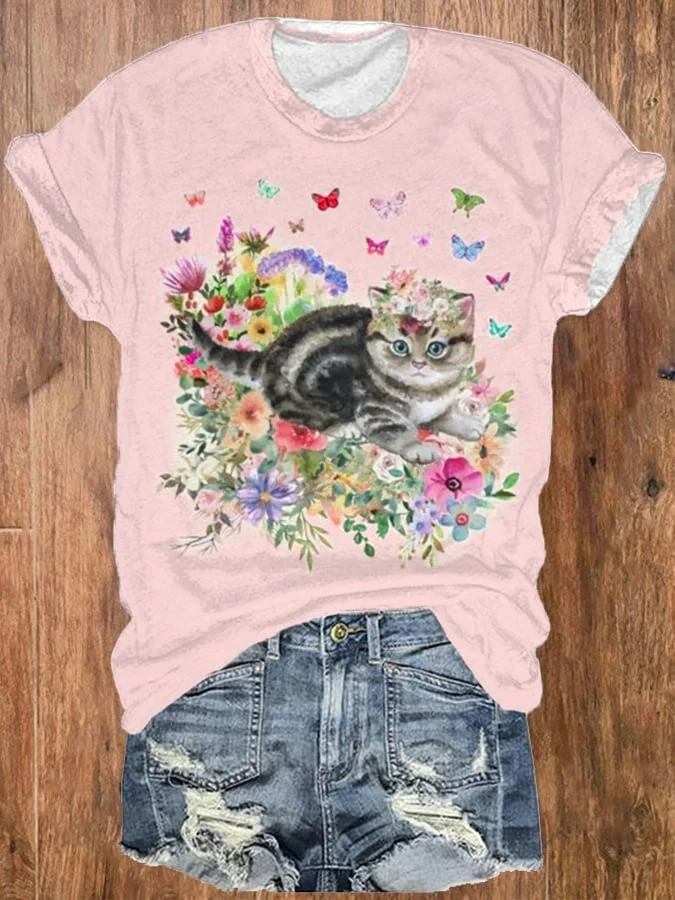 Women's Cute Cat Butterfly Cat Lover Print T-Shirt