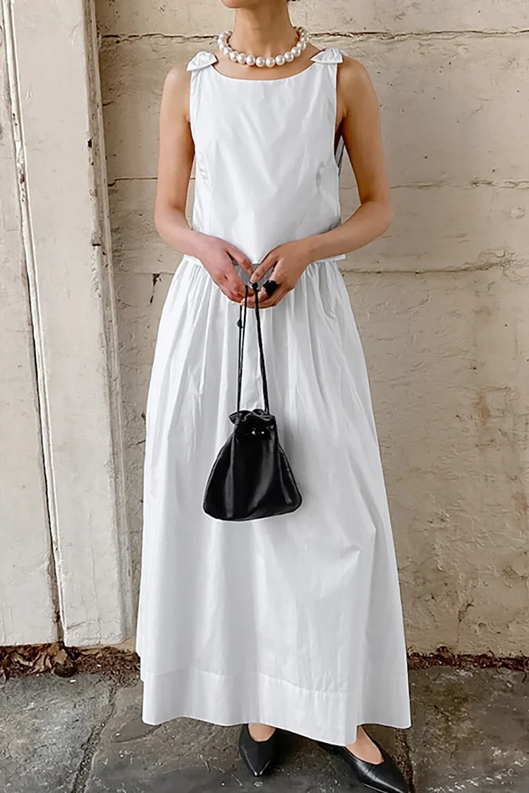 Sleeveless Bow Straps Top Solid Color A-Line Maxi Skirt 2pcs Set-White
