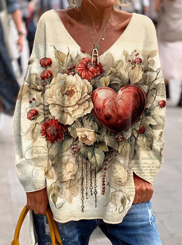 Retro Chic Valentine Heart Floral Long Sleeve Top