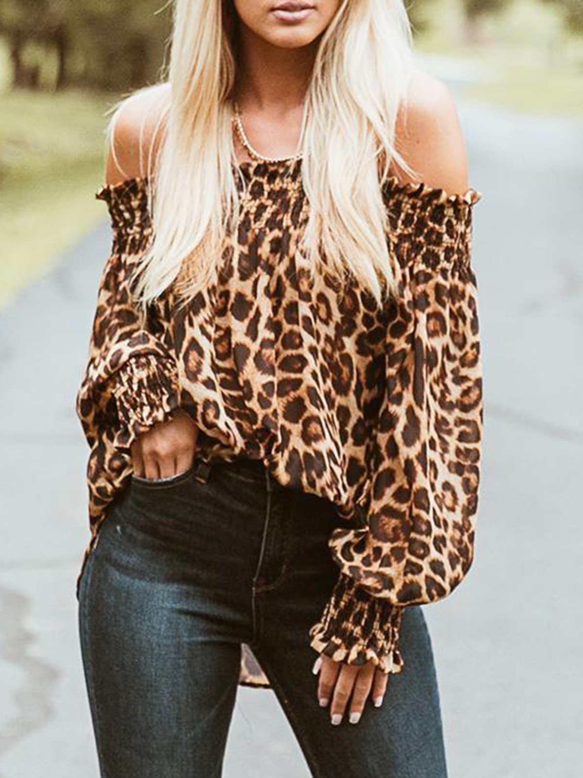 Long Sleeve Off Shoulder Leopard Print Gathered Blouse & Shirts