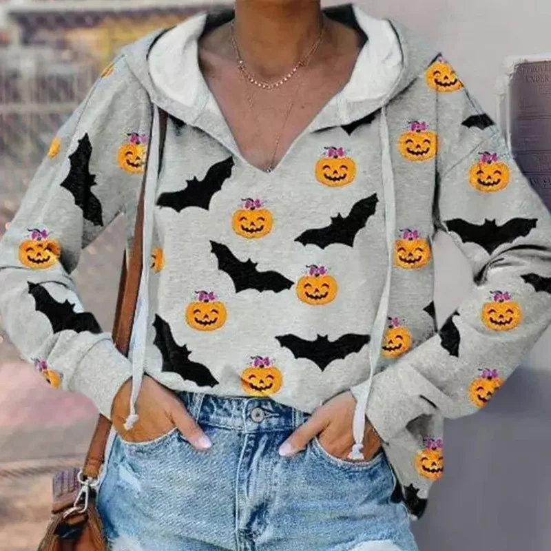 V-neck Halloween Bats Smiley Pumpkins Printed Hooded T-shirt
