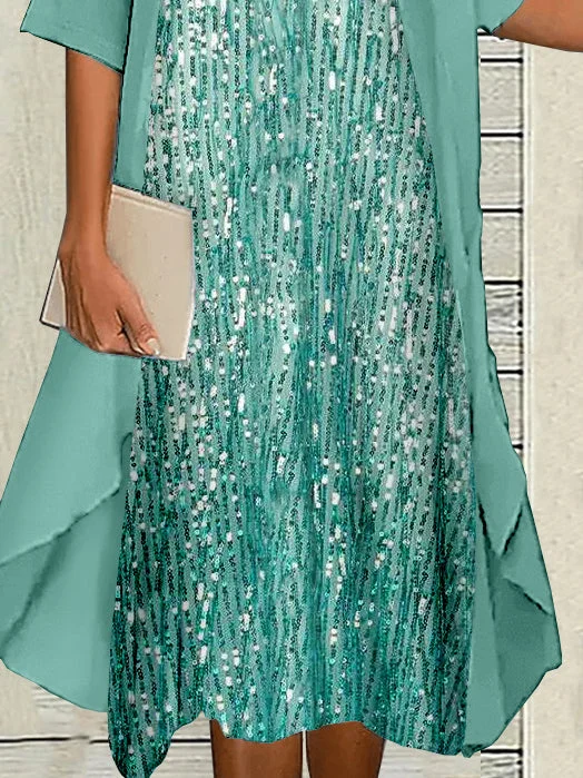 Women's Half Sleeve Scoop Neck Graphic Printed Two Pieces Midi Dress