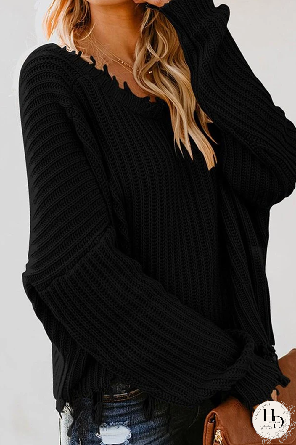 V-Neck Fringed Long-Sleeved Sweater