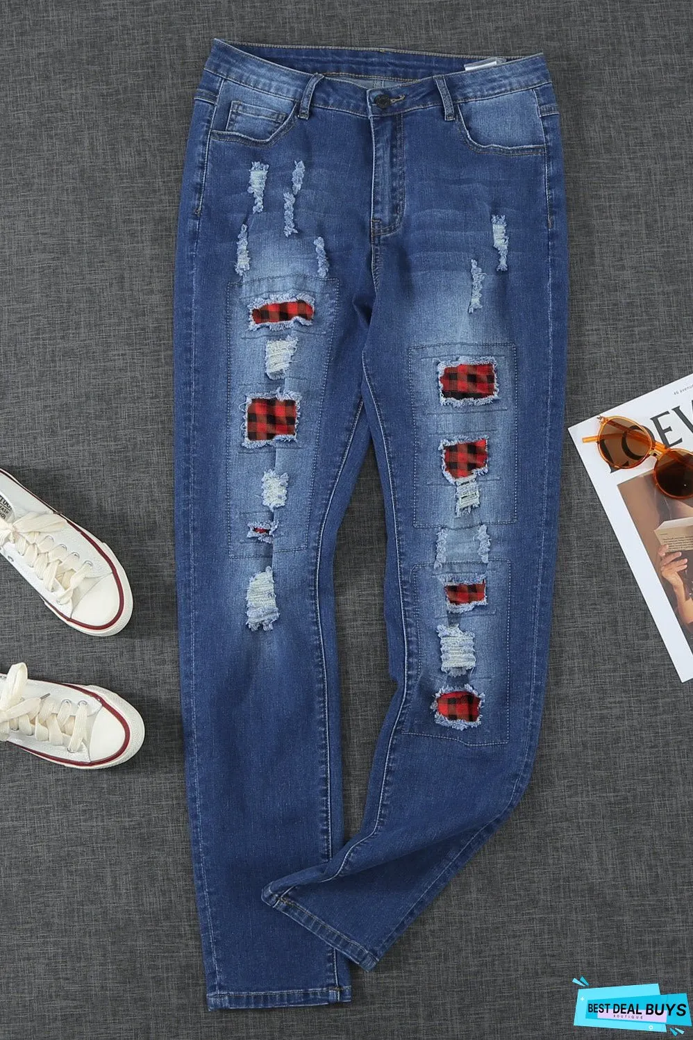 Fashion Blue Ripped Plaid Straight Legs Boyfriend Jeans
