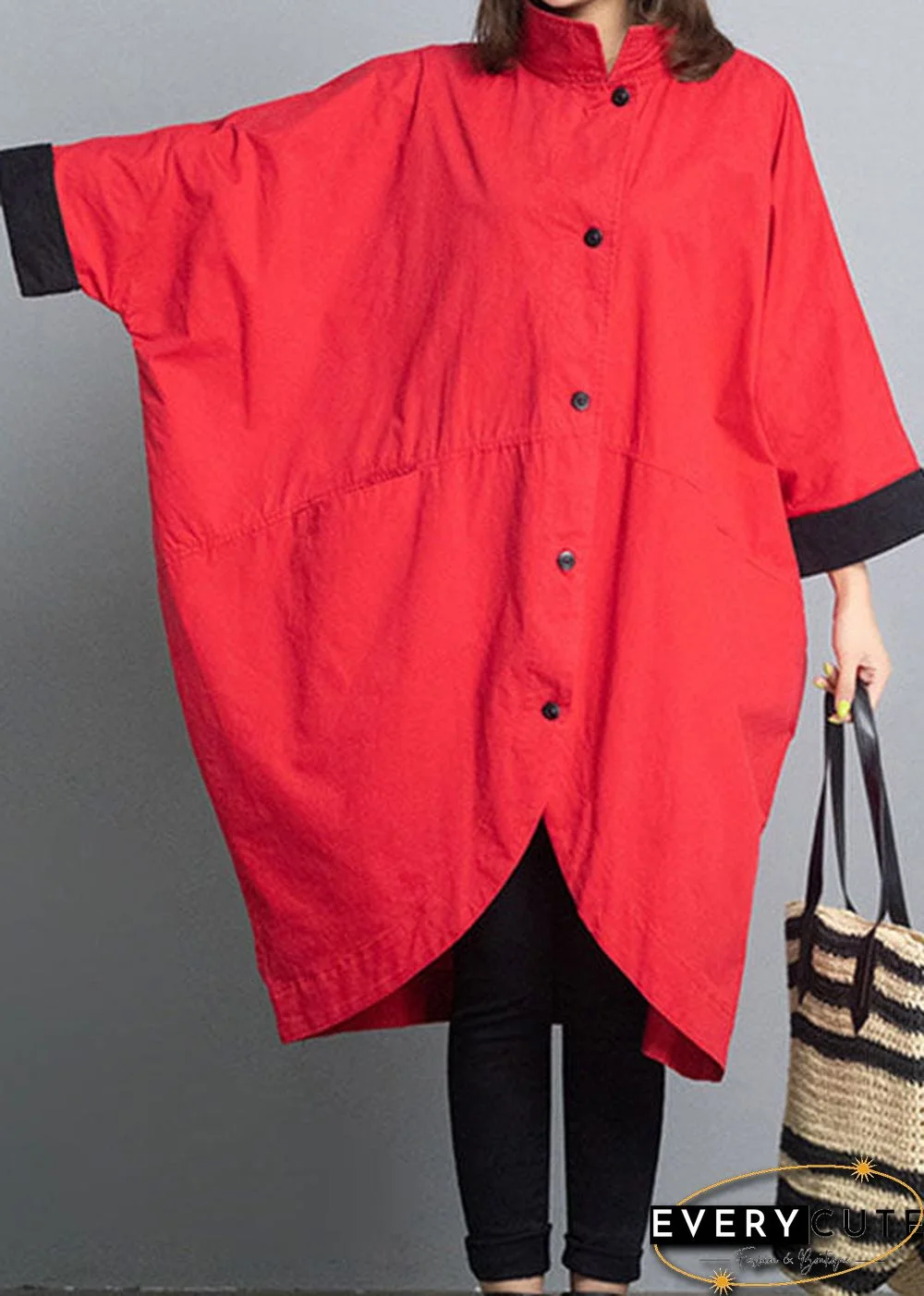 Fitted Red Loose Bat wing Sleeve Turtleneck Fall trench coats