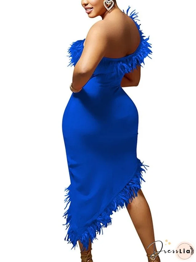 Semi Formal Party Dress Feather Dress Bodycon Midi Dress Black Blue Orange Sleeveless Pure Color Backless Winter Fall One Shoulder Slim S M L XL 2XL for Women