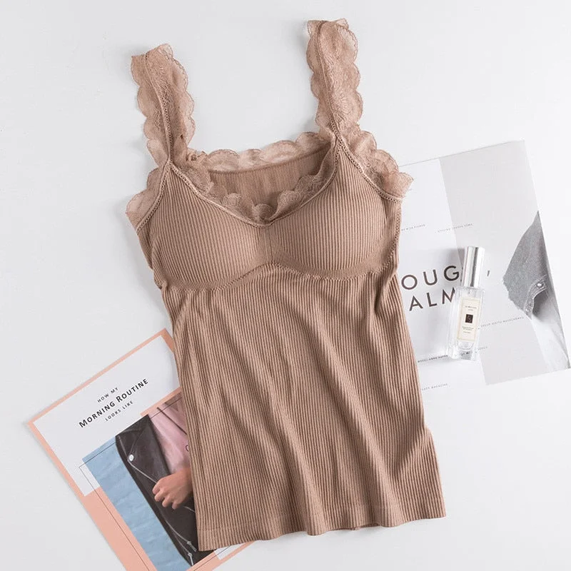 Ladies Slim Vest Top Women Clothes Breathable Knitted Tank Top Classic Undershirt Round Neck Lace Straps Black Shirt