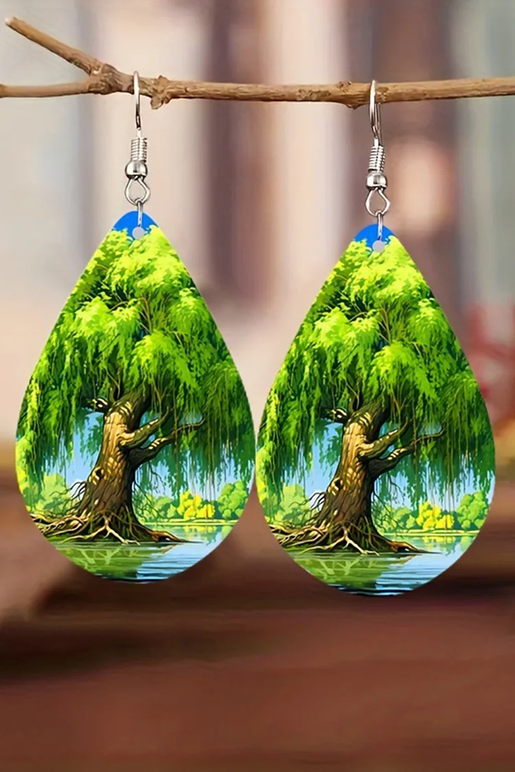 Halloween Wooden Double Sided Tree Pattern Water Droplet Earrings 2024 - Xpluswear